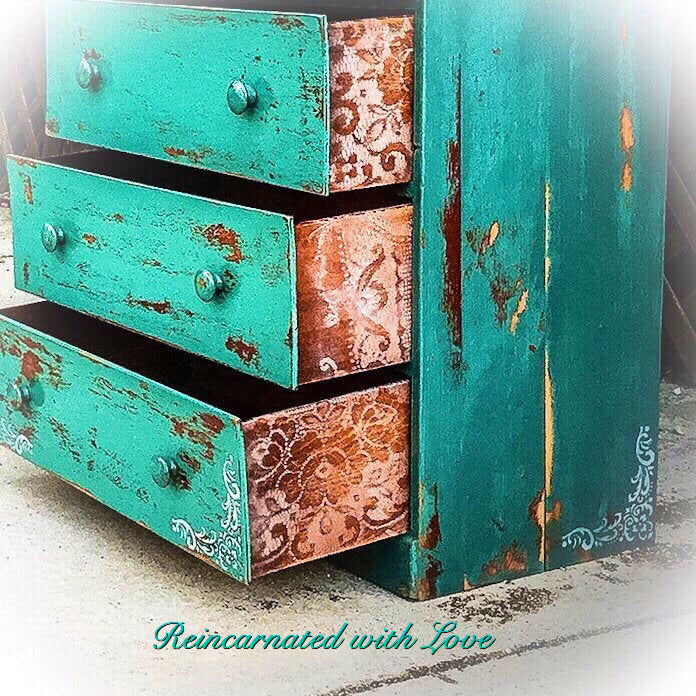 French Country Dresser ~ sea foam green farmhouse dresser with lace accents